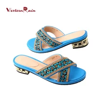 

Mid Heels Women Slippers Black Blue Red Leather high quality Large Size Leisure Comfortable Rhinestones Sandals in 2017 Summer