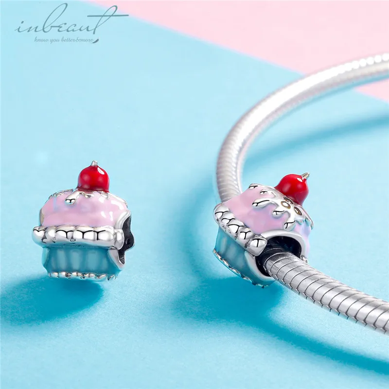 S925 стерлингового серебра fit Pandora браслет розовый бисер торт милый красный для конфет сыра Подвески для браслеты в виде цепочки ювелирных изделий