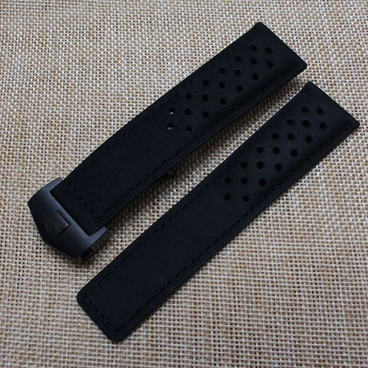 22 mm Cowhide Leather smooth Black Watchband With black buckle deployment straps for fashion watches mens