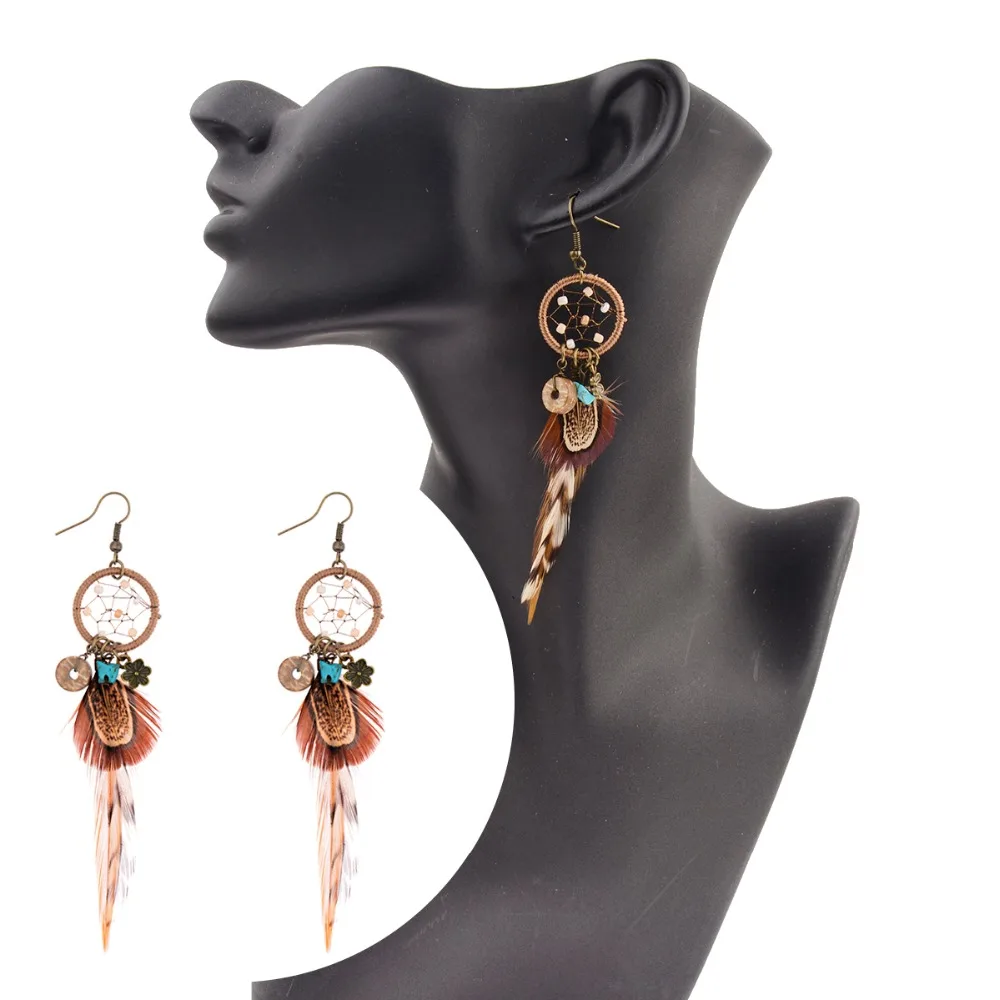 Ethnic Long Bohemia Feather Beaded Earrings For Women Dreamcatcher Round Wood Indian Gypsy Hippie Earrings Boucle D’oreille