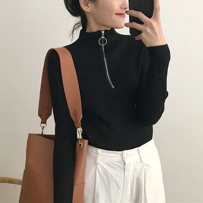 

Female Plate Ring Zipper Knit Womens Sweaters 2018 Winter Female Plate Ring Knitted Sweater Women Slim Elastic Vintage Sweater