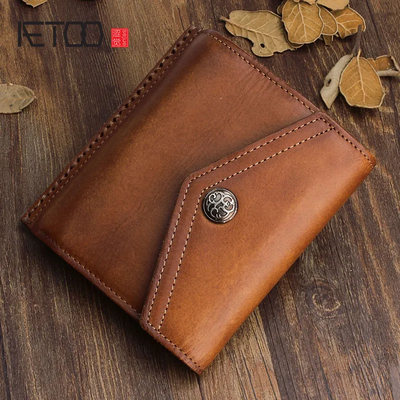 

AETOO Original vintage hand-first section of the first layer of leather wallet Unisex leather buckle wallet multi-card young