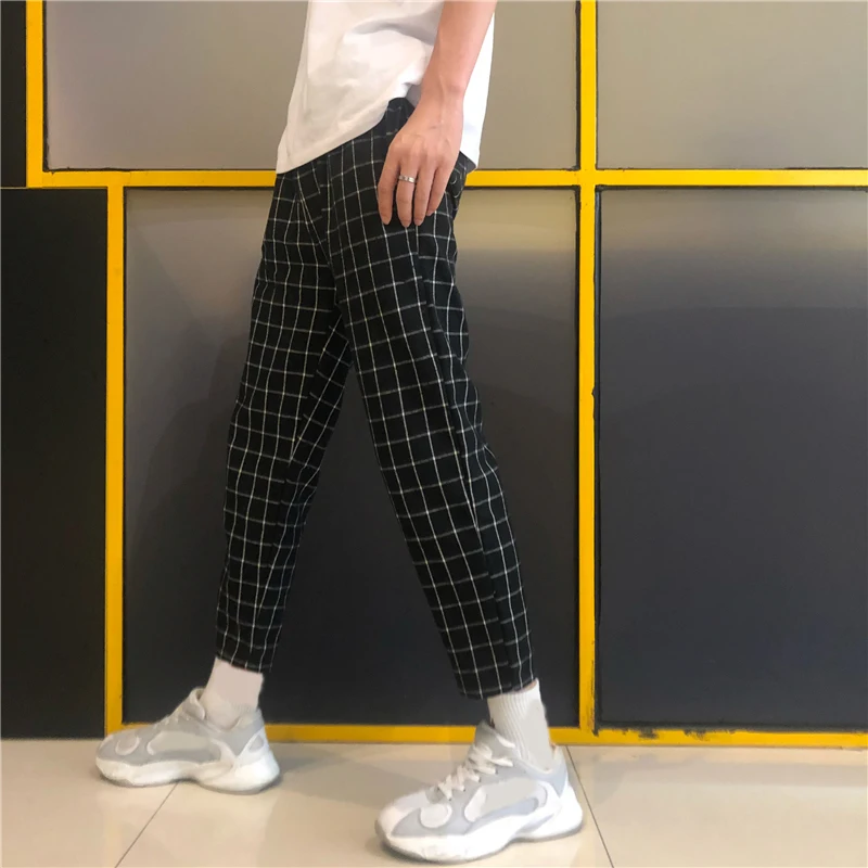 

Korean Streetwear Fashion Plaid Block Slim Ankle Pant Summer Thin Pocket Trouser Student Ulzzang Elegant Casual Japanese Bottom