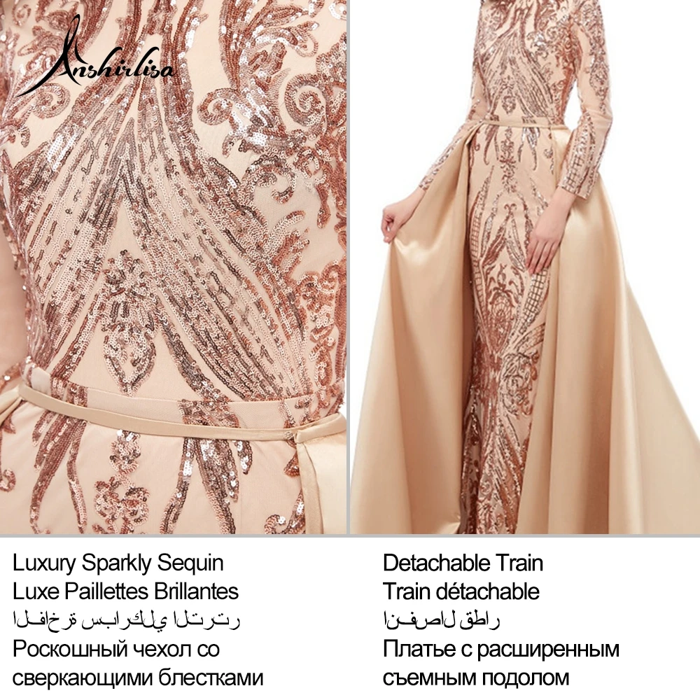 Anshirlisa/женское мусульманское вечернее платье Русалочки с длинным рукавом со съемным шлейфом, арабское вечернее платье с блестками, атласное платье для выпускного вечера