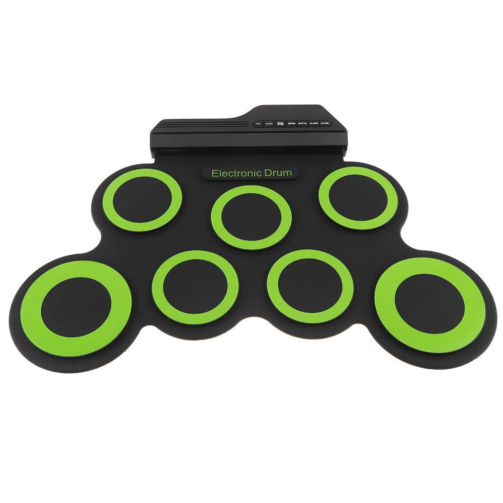 Портативный Силиконовый Электронный цифровой USB 7 подушечек свернутый набор зеленый Электрический барабанный комплект с барабанными палочками и поддерживающей педалью