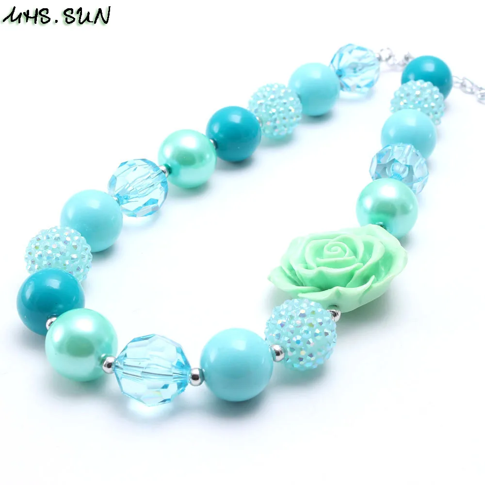 BN629 (2) Kids Girls Rose Flower Light Blue Chunky Beads Necklace Fashion Child Baby Beads Necklace Chunky Bubblegum Jewelry 1Pcs