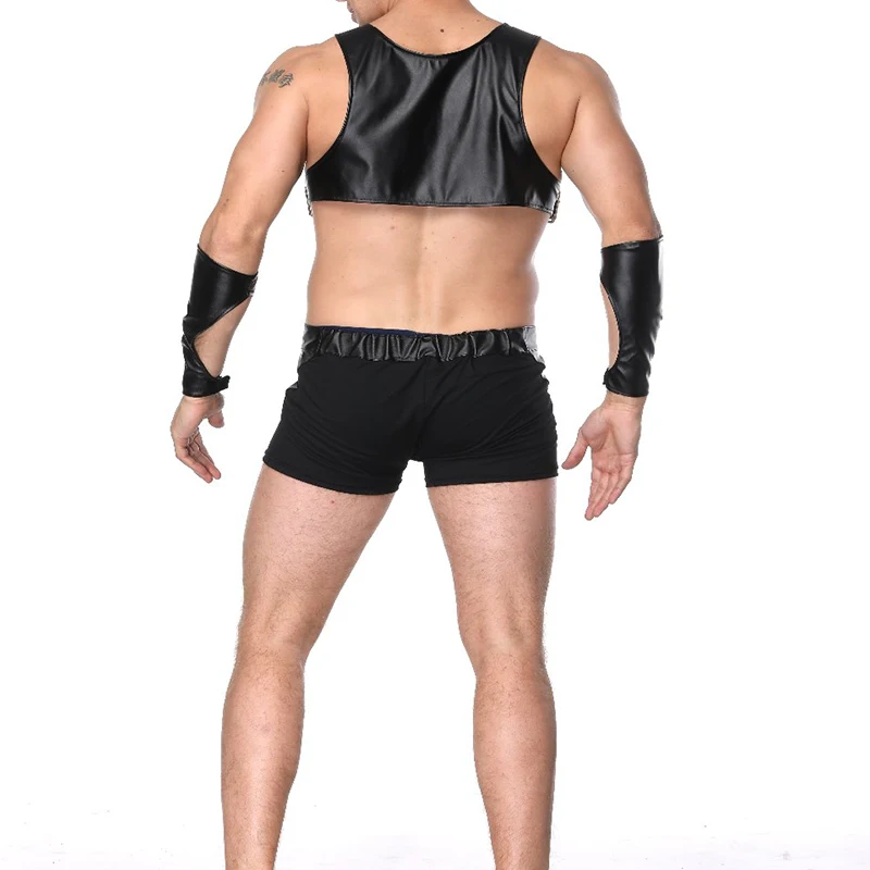 Экзотические мужской черный искусственный кожаный костюм Для мужчин сексуальные грудной бандаж портупея Фетиш гей Клубная одежда производительность верх школьной формы+ нижнее белье, комплект одежды