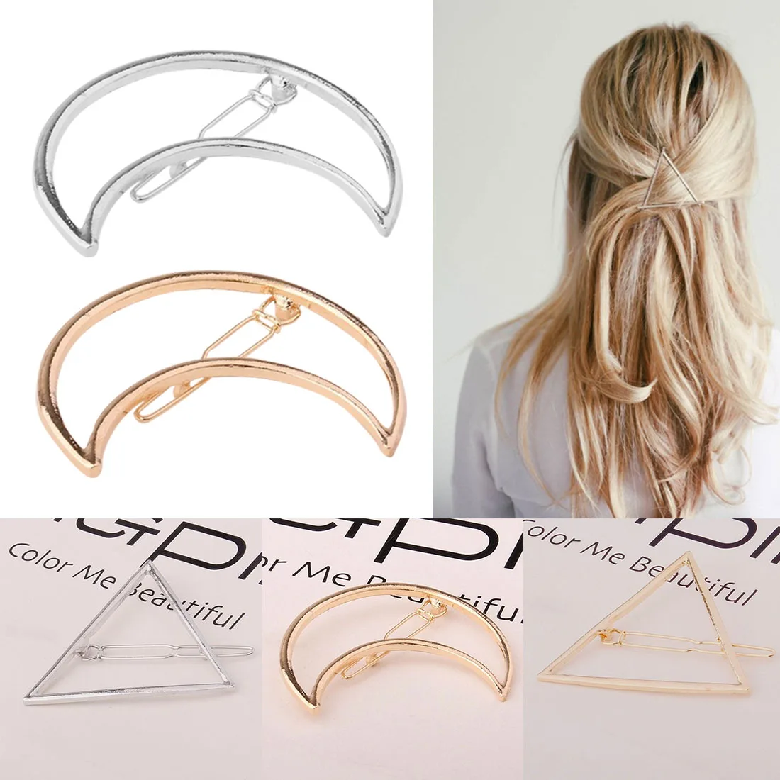 1PC Fashion Punk Hollow Out Moon Triangle Sahped Hair Clip Barrettes Hairpin Clamps Gold Tone for Women Lady Girl 1PC Fashion Punk Hollow Out Moon Triangle Sahped Hair Clip Barrettes Hairpin Clamps Gold Tone for Women Lady Girl