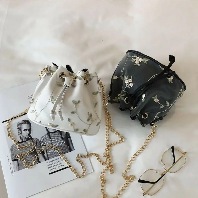 

New Women Embroidery Bucket Bag Leather Handbags Chain Shoulder Bag Small Travel Crossbody Bags Ladies Messenger Bags Fashion