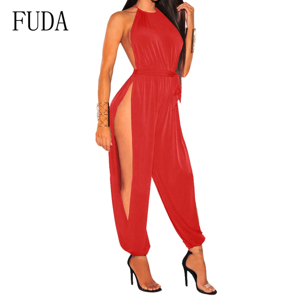 

FUDA Women Sexy Trousers with Holes on Both Sides Jumpsuits Casual Rompers Sleeveless Hollow Out Female Nighclub Playsuits