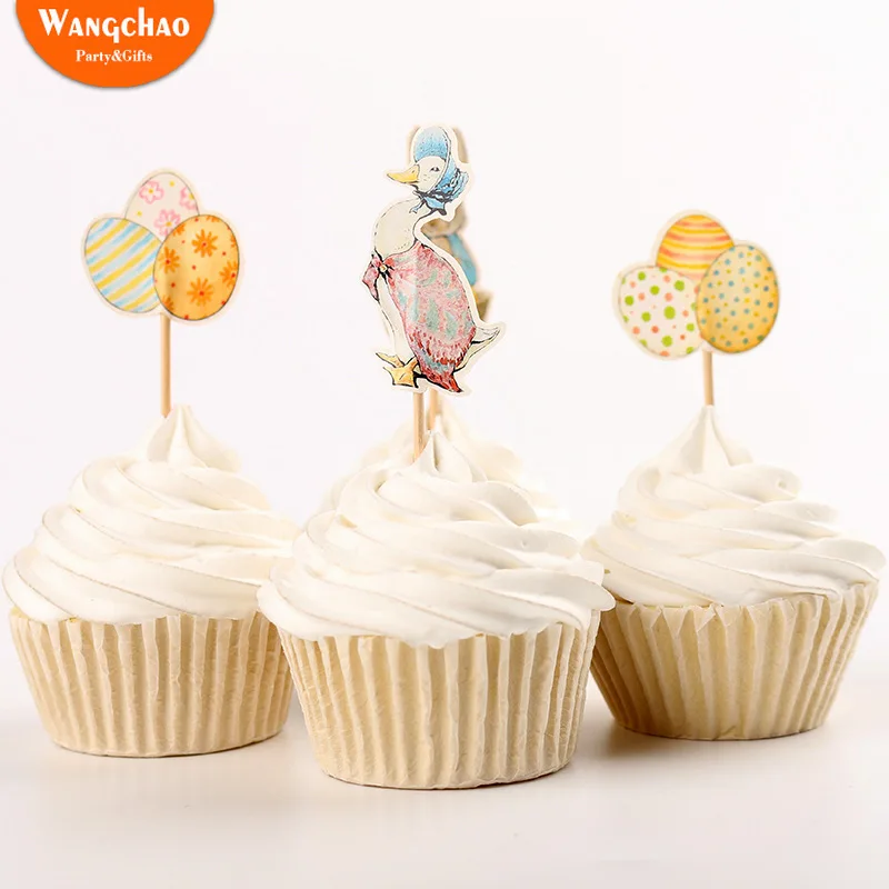 

24pcs/bag Easter Cupcake Topper Rabbit Egg Duck Easter Cake Decoration Fruit Sign Festival Party Supplies Home Diy Cake Topper