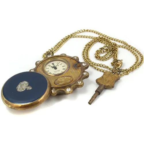 Синий драгоценный камень медь унисекс Карманные часы ожерелье ключ T688