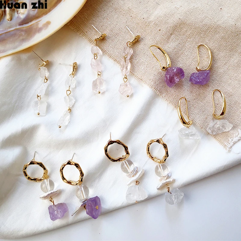 

HUANZHI Korean Irregular Freshwater Pearl Natural Transparent Crystal Stone Metal Gold Geometric Stud Earrings for Women Party