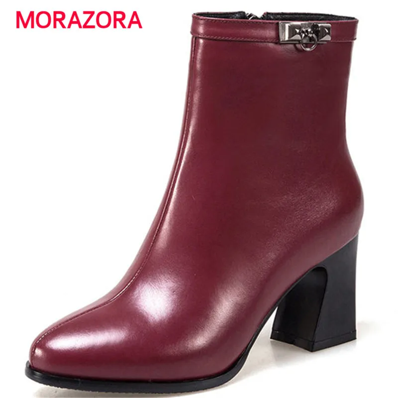 

MORAZORA 2018 new square heel round toe genuine leather boots elegant high heel women's boots zipper ankle boots size 33-43