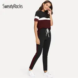 SweatyRocks Colorblock футболка и шнурок клейкие ленты брюки для девочек комплект Activewear спортивный костюм с коротким рукавом лето для женщин