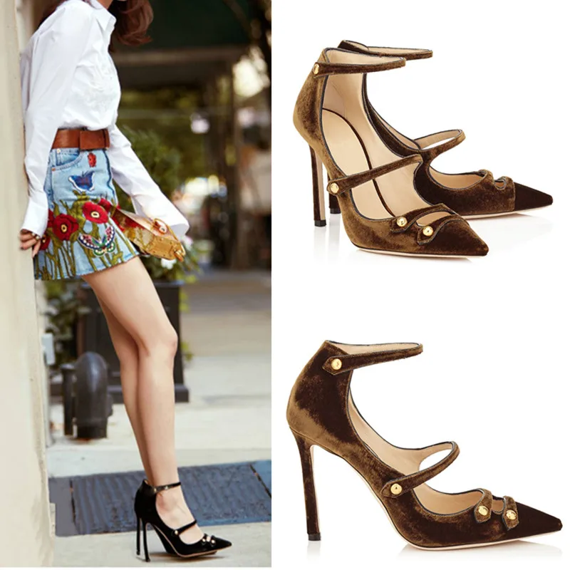 

2017 New Genuine Leather Velvet Narrow Band Women 10CM HIgh Heels Sexy Pointed Toe Summer Sandals Shoes Women