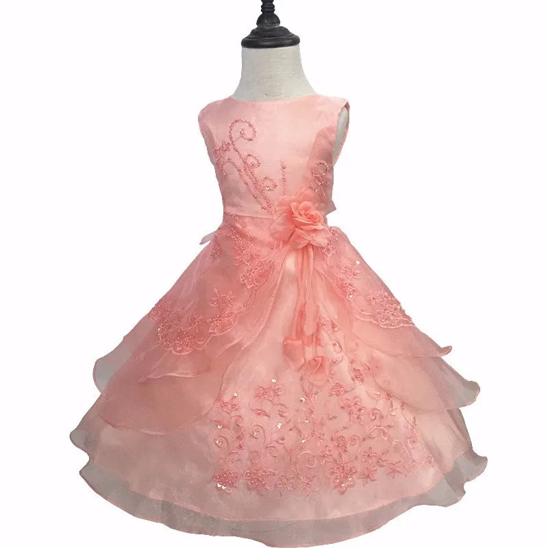 Free shipping New Arrival Party Dress 10 12 Years Kids Evening Gowns Embroidery Dust Pink Flower Girl Dresses For Weddings