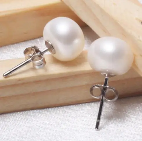 

Perfect Cultured Pearl Jewelry AAA 9-10MM White Color Off-Round Freshwater Pearl Earrings Silver Stud Earring