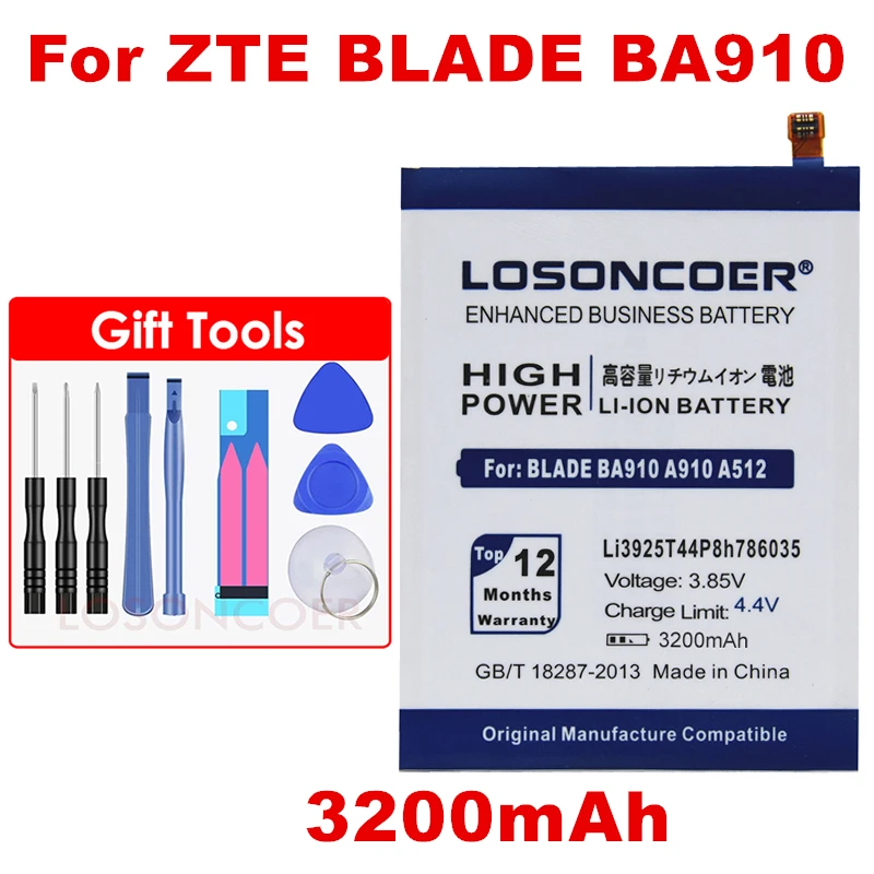 

LOSONCOER 3200mAh LI3925T44P8H786035 For ZTE Blade BA910 V7 A910 A512 Xiaoxian 4 BV0701 Phone Battery+Tracking Number