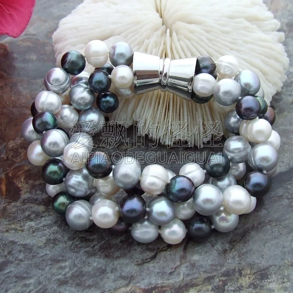 

B092814 8" 4Strands 9-10MM Round Multi Color Pearl Bracelet