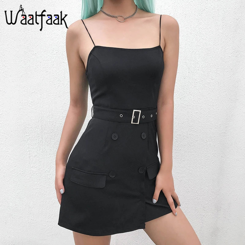 

Waatfaak Black Punk Waist Belt Streetwear Spaghetti Summer Sundress Women Button A-line Dress Vintage Mini Dresses Slash Neck