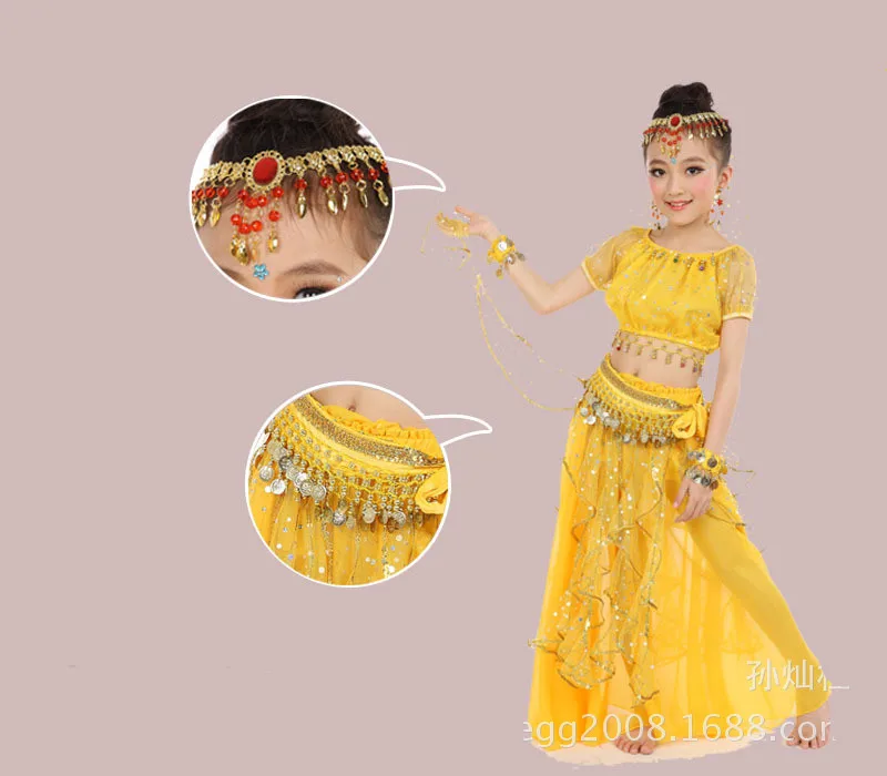 Болливудские танцевальные костюмы с короткими рукавами для девочек, одежда для танца живота, индийские танцевальные костюмы, детская Восточная одежда, 6 шт./компл