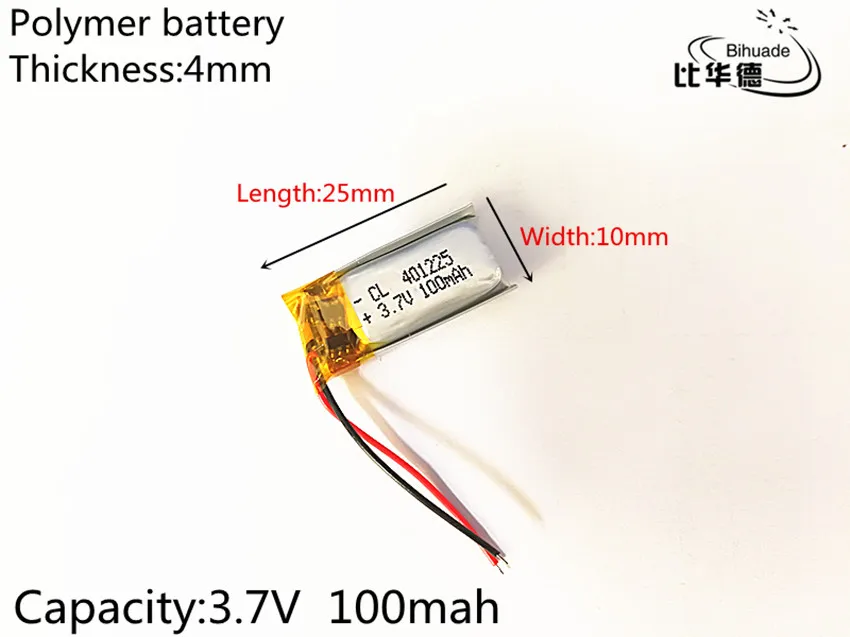 3,7 V, 100 мАч, 401025 PLIB; полимерная литий-ионная/литий-ионный аккумулятор для gps, mp3, mp4, mp5, dvd, bluetooth, мобильный телефон, динамик