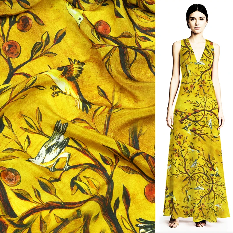 

Plant and animal design silk Crepe DE chine fabric tree and bird print,SCDC982