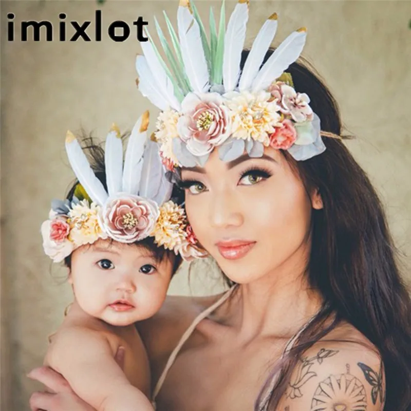 

Imixlot Feather Flower Crown for Women Girl Mom Hair Bands 2018 New Baby Headbands Mother Hair Accessories Party Accessories