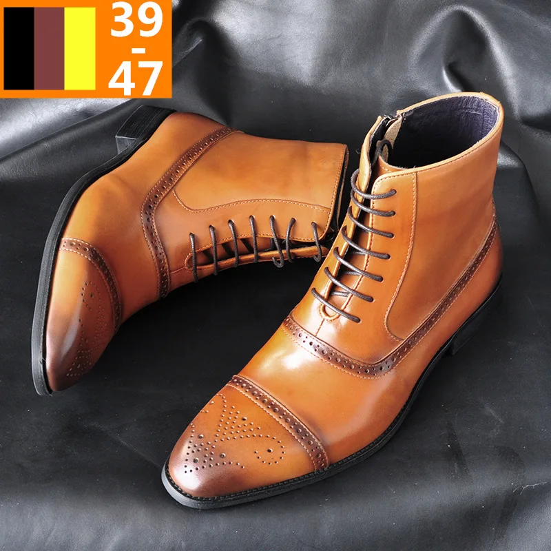 ZYYZYM/мужские ботинки; кожаная мужская обувь с перфорацией типа «броги» на молнии сбоку и шнуровке; мужские оксфорды; европейские кожаные ботинки; Мужская обувь; Zapatos De Hombre