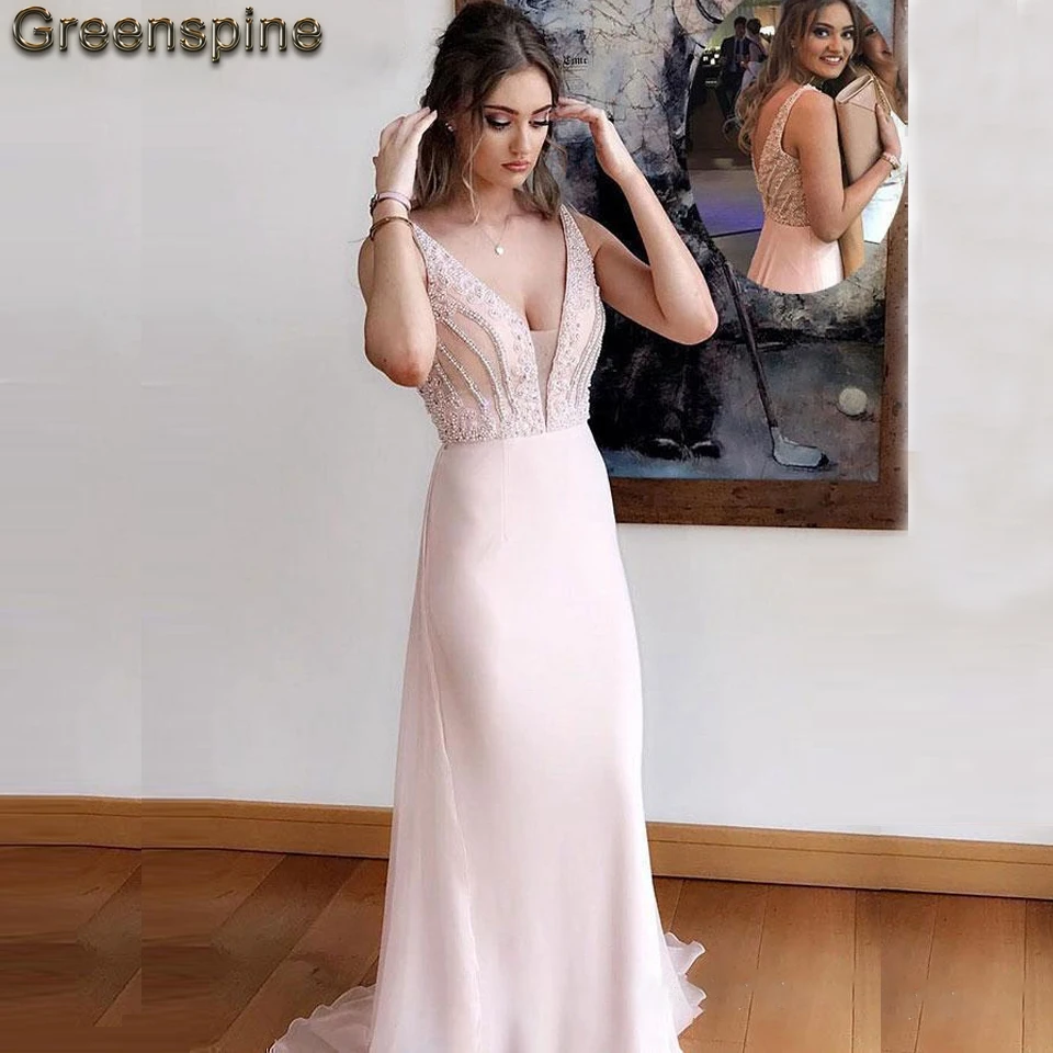 Зеленое Вечернее розовое платье Vestido Verde с бусинами и топом, платья для выпускного вечера с v-образным вырезом без рукавов, Сексуальные вечерние платья