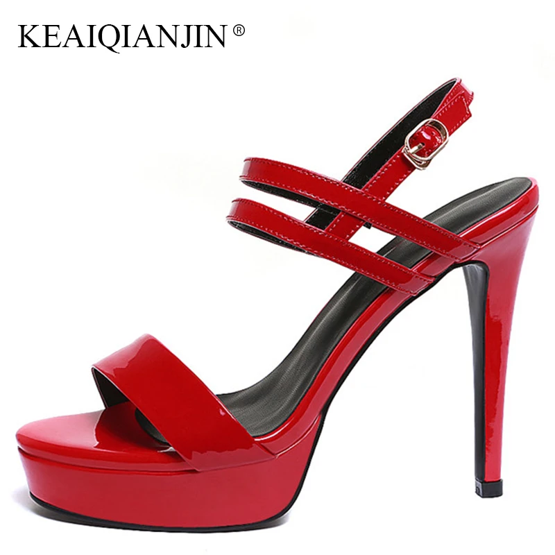 

KEAIQIANJIN Woman Summer Genuine Leather Open Toe Sandal Fashion Party High Heels Shoes Sexy White Red Black Peep Toe Sandals