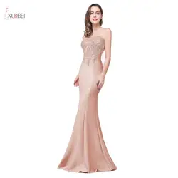 Розовое длинное вечернее платье 2019 элегантное глубокое круглое декольте без рукавов аппликация золотого цвета русалка robe de soiree