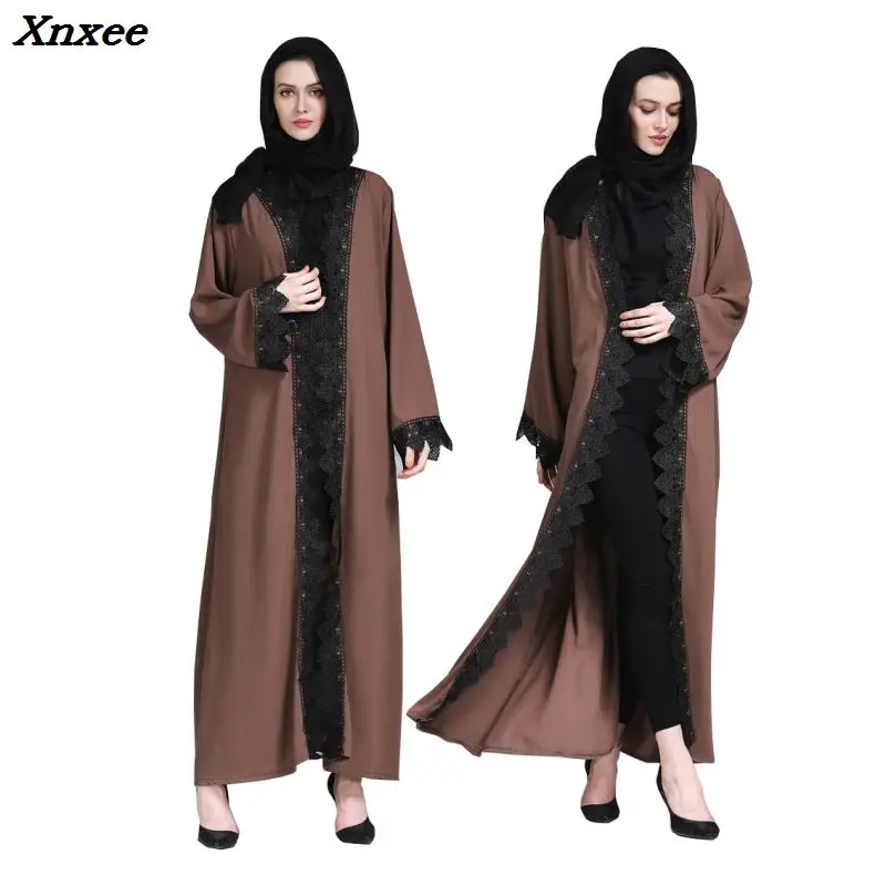 

On sale New Muslim abaya islamic women Long sleeve lace long Dress indonesia moroccan open moslem kaftan maxi Cardigan dress