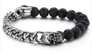 

BB0095 Round Black Lava Stone Silver Beads Cuff Bangle Adjustable Skull Bracelet Stainless Steel Jewelry Gift Fashion Accessory