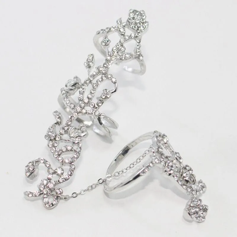 New Fashion Chain Link Ring Full Rhinestone Vintage Flower Double Finger Rings For Women Girl Party Jewelry Gift Accessories|ring box jewelry|jewelry microphonering jewelry box - AliExpress