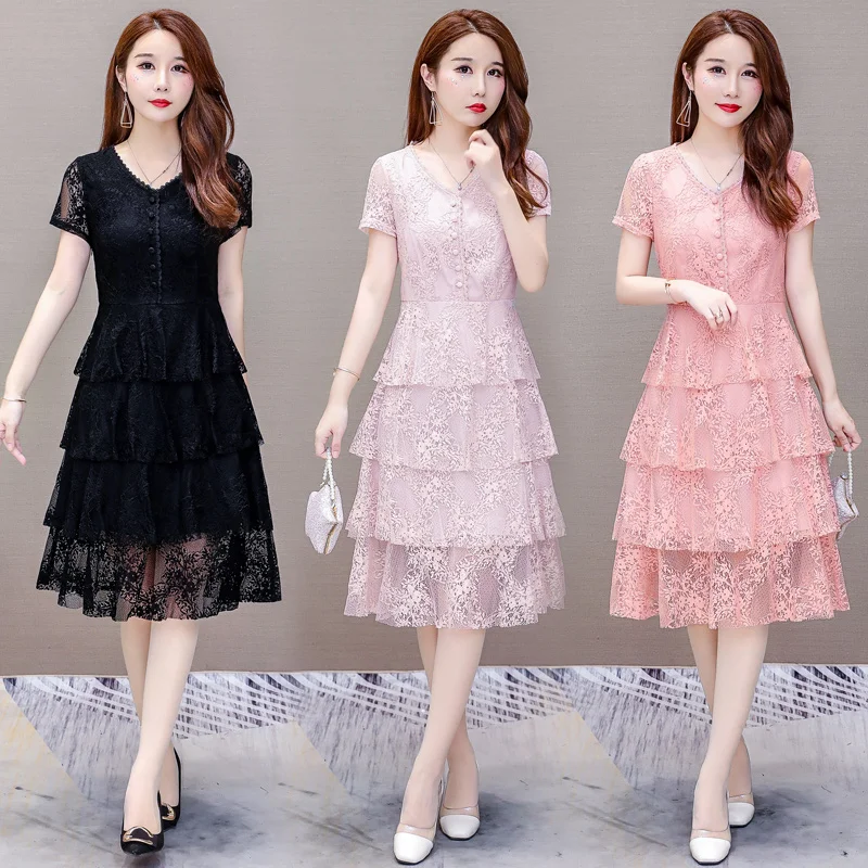 

Large size women Korean temperament long paragraph over the knee lace cake dress short sleeved V neck dresses woman party night