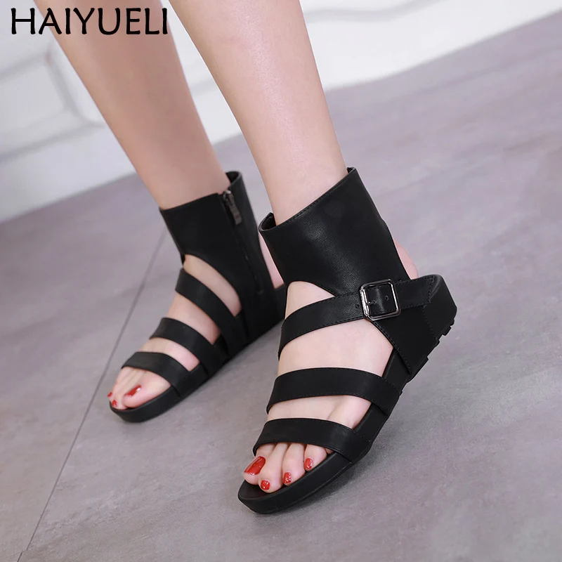 

Woman Sandals 2019 Summer Ladies Sandals Flat Shoes Black Open Toe Zipper Gladiator Sandals Women 3cm Low Heel Casual Shoes