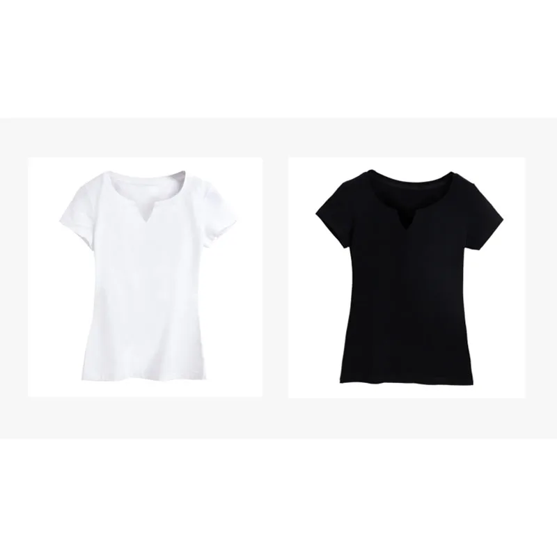 96% Cotton Women T-shirt v-neck Short Sleeve women shirt All match Lady Top Black White Gray Yellow Shir