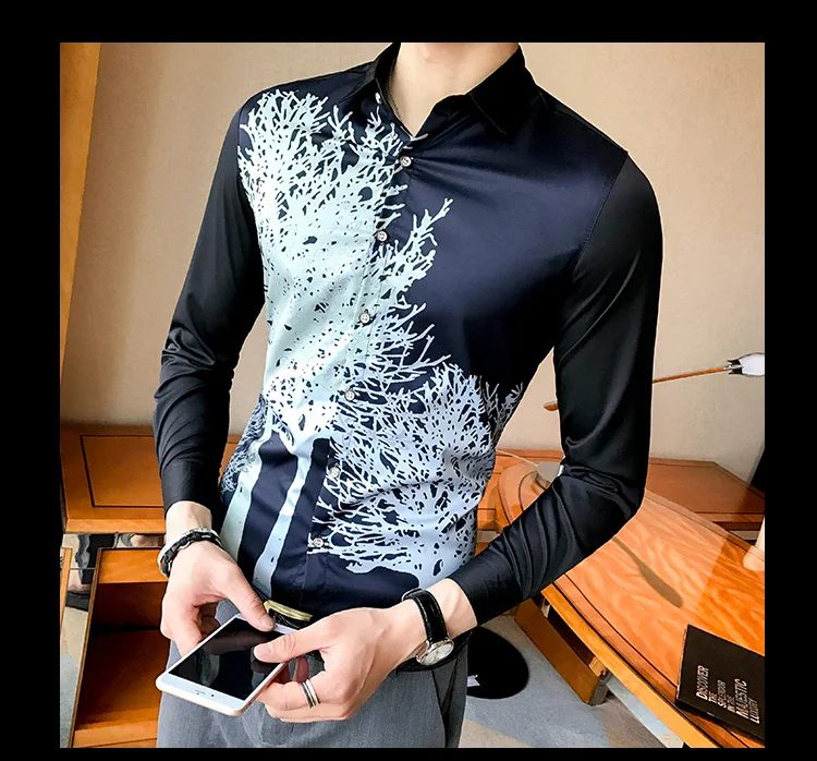 C609-p45 кофта с длинными рукавами мужского тела платье Мужская Повседневная рубашка с принтом большой код мужчины (100 полиэфирное волокно)