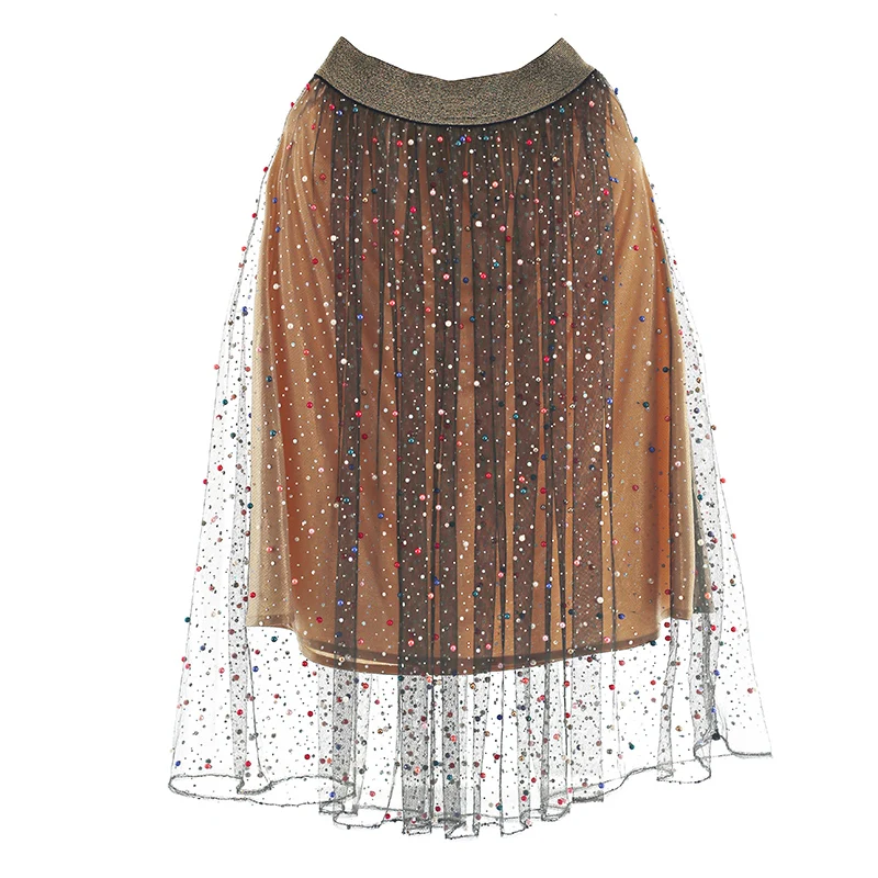 Жемчужная Весенняя пшеничная юбка с эластичной резинкой на талии, комплект с бусинами для отдыха, длинная юбка-трапеция