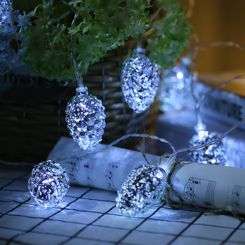 

10 Led Fairy Silver Pine Nuts Battery Operated String Lights 1.5m LED Decoration For Christmas Garland On The Window New Year
