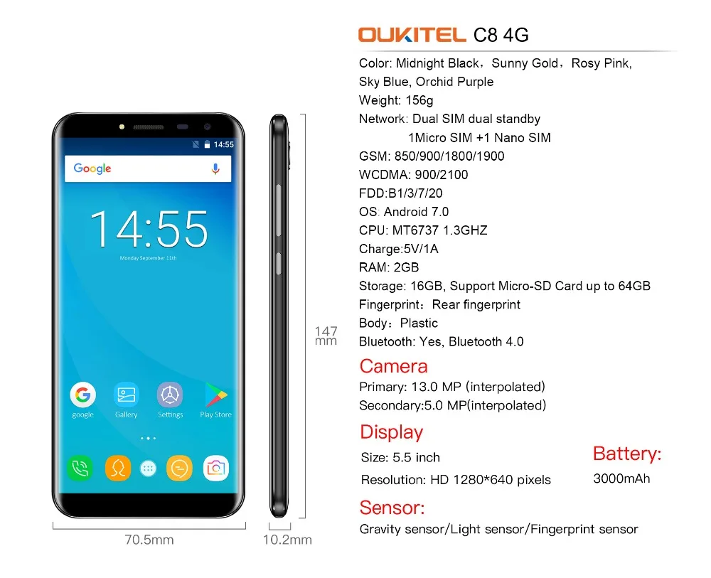 CLEARANCE Oukitel C8 4G Mobile Phone 5.5'' 18:9 HD Screen 2GB RAM 16GB ROM Quad Core 13MP+5MP Android 7.0 Touch ID Smartphone