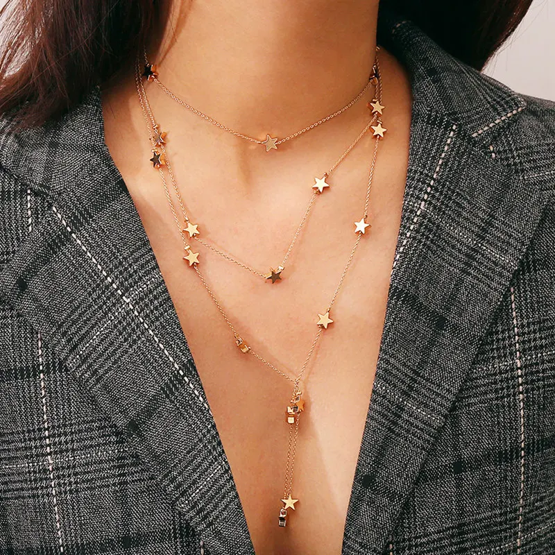 

Bohemian Fashion Multilayer Star Tassel Choker Necklace for Women Personality Statement Collares Gold Color Jewelry Accessories