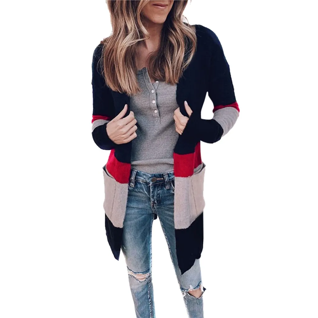 

2019 cardigan New Stitching Contrast Color Pocket Long Cardigan Sweater Ladies Jacket High Quality Cardigan Mujer sweater