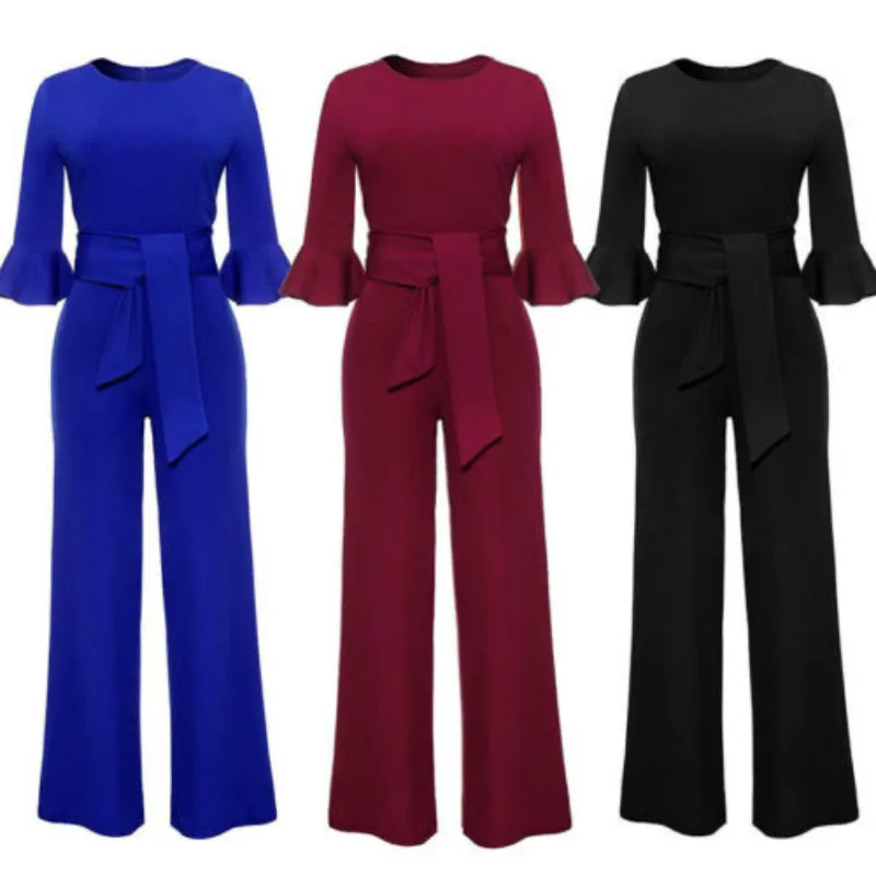 Women OL Work Formal Jumpsuits Solid Ruffles Sleeve O Neck Sashes