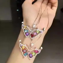 Кулон с натуральным кристаллом, 925 пробы, серебро, натуральный Многоцветный драгоценный камень, ожерелье, трендовая элегантная бабочка, Женские Ювелирные изделия