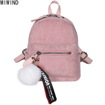 

MIWIND Girl School Bag Solid Mini Corduroy Fabric Women Fluffy Ball Backpack Students Travel Bag Velvet Bag Feminina Bolsa 1234