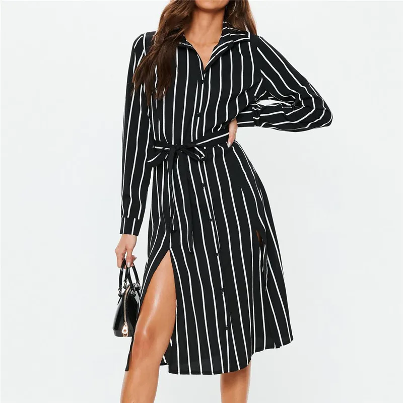 

Casual Mid Calf Sundress Streetwear Robe Femme Chiffon Summer Dress Women Striped Turn Down Collar Beach Dress Long Sleeve