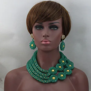 

African Wedding Women Indian Bridal Necklace Sets Green Flowers Mix Gold Balls Crystal Beads Jewelry Set Free Shipping ALJ1007
